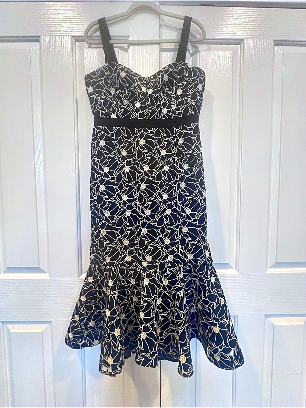 Vintage J. Crew Floral Embroidery Navy Blue Trumpet Midi Dress